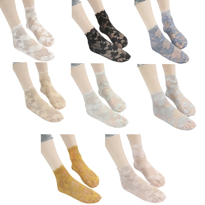 

1 Pair Women's Floral Lace Fishnet Ankle Socks Cotton Stretch Hollow Out Dress Sock for Women Girls Short Stockings