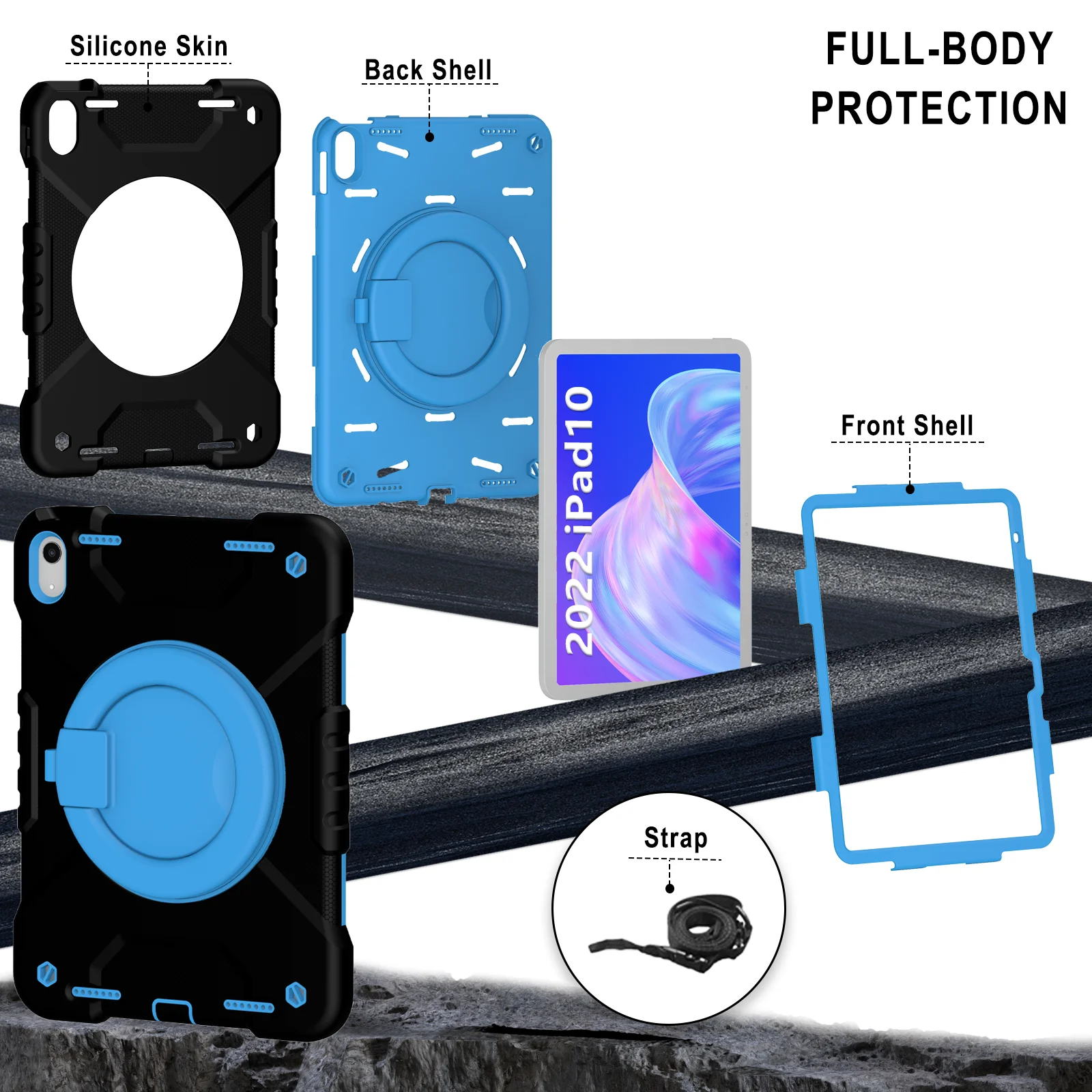 Heavy Duty Hybrid Case for iPad 10.9 2022 10th Generation 360 Rotating Stand Cover With Portable Handle Grip Shoulder Strap Capa