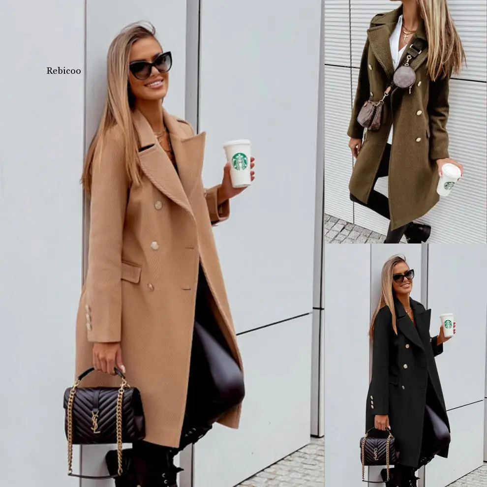 

Elegant Women Winter Long Woolen Coats Fashion Turn-down Collar Double Breasted Pockets Overcoat Outwear