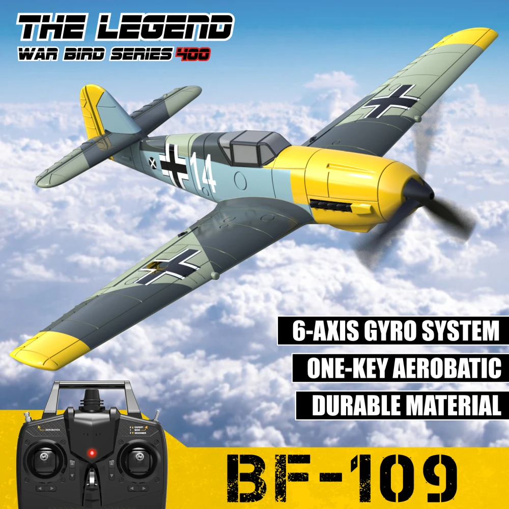 Eachine-miniavión teledirigido BF109 V2, 2,4 GHz, 4 canales, 400mm, envergadura, 6 ejes, una tecla, giro en U, sistema de estabilización aerobático Xpilot, EPP