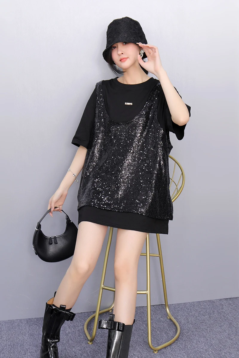 2025 verano nuevo estilo coreano moda mujer lentejuelas camisetas sueltas mujer manga corta Top al por mayor J991