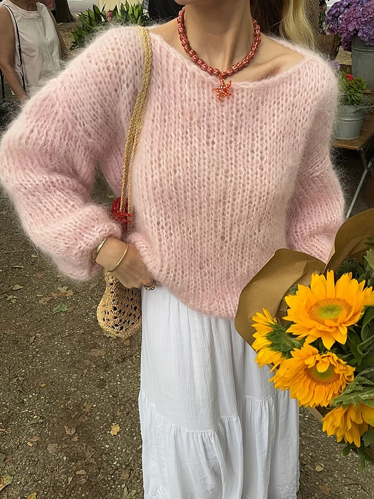 Talenza femmes rose tricots mode épaules dénudées décontracté surdimensionné pulls nouveau bureau dame printemps automne femme chandails