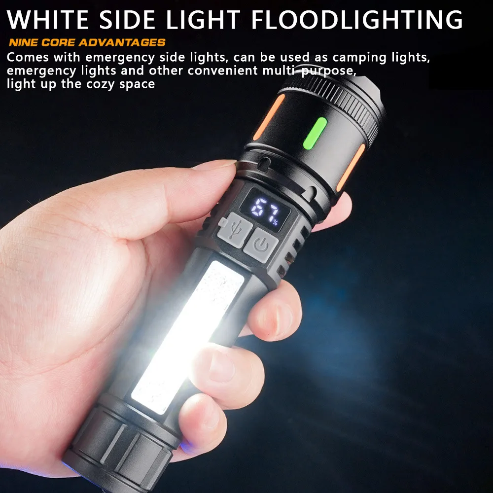 High Power Spotlight Long LED Flashlight With COB Side light Red Blue light Type-C Fast Charging Zoomable Ultra Bright Torch