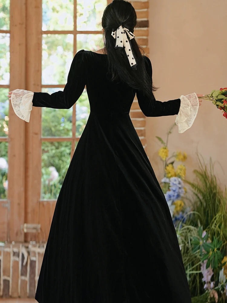 Black Velvet Diamonds Lace Square Collar Women's Dress Autumn Winter Luxury Bodycon Maxi Dress 2025 Korean Vintage Evening Dress