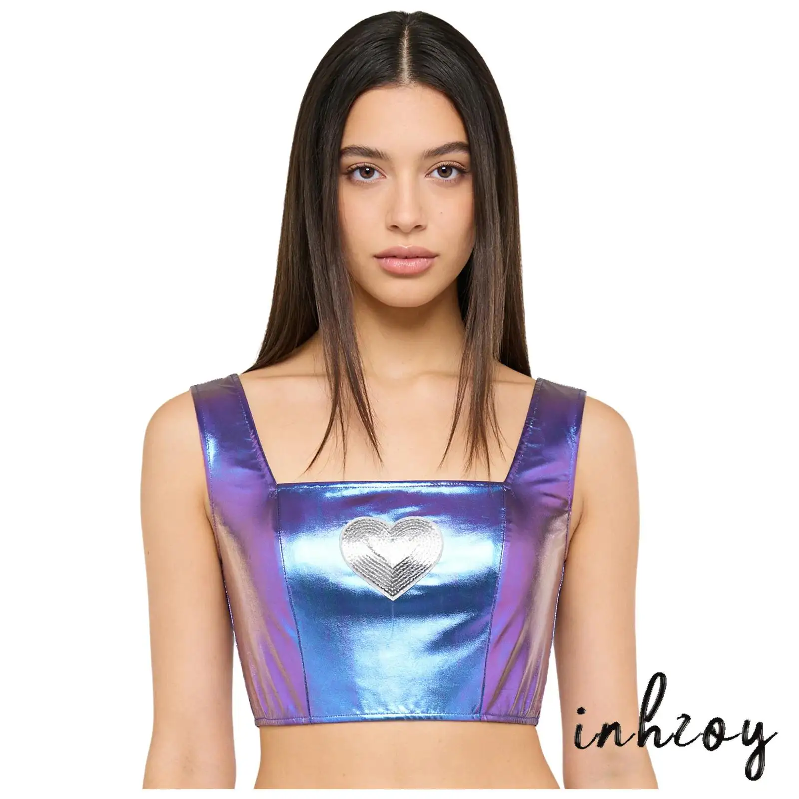 

Womens Metallic Shiny Crop Tank Top Lady Sequined Heart Square Neck Sleeveless Crop Top Vest for Hip Hop Jazz Dance Competition