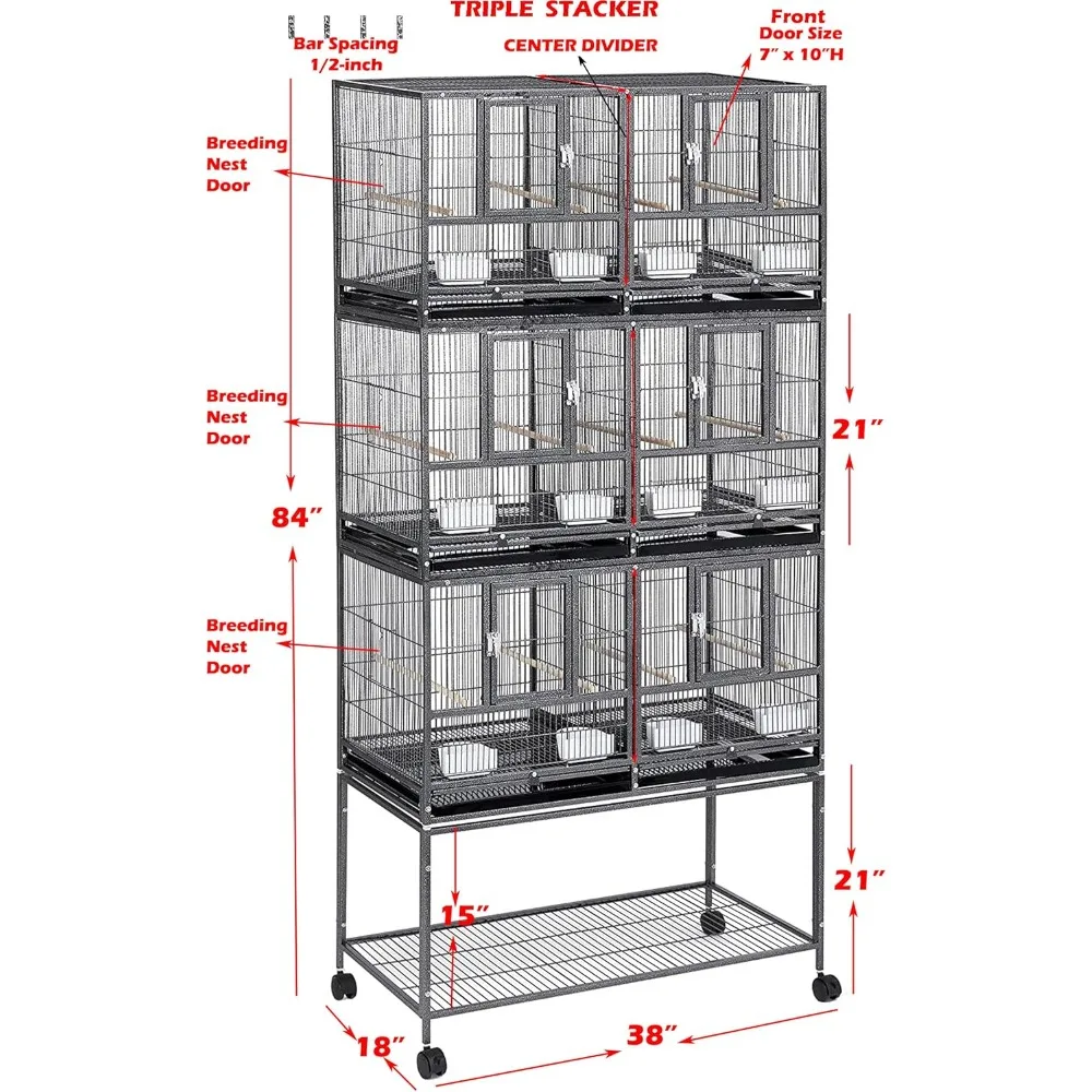 Triple Stackable Center Divided Breeder Breeding Bird Flight Double Rolling Cage Side Nesting Doors Easy Clean Pull Out Tray