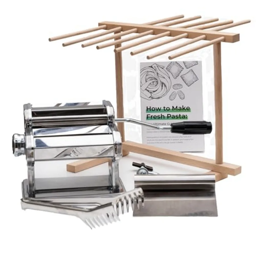

Cotswold Homeware Stainless Steel Pasta Making Machine with Adjustable Thickness Settings Wooden Pasta Drying Rack Pasta Cutter