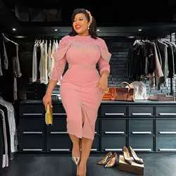 Office Lady Pencil Dress African Dresses For Women Clothing Elegant Mesh Patchwork Knee Length Dress African Clothes OL