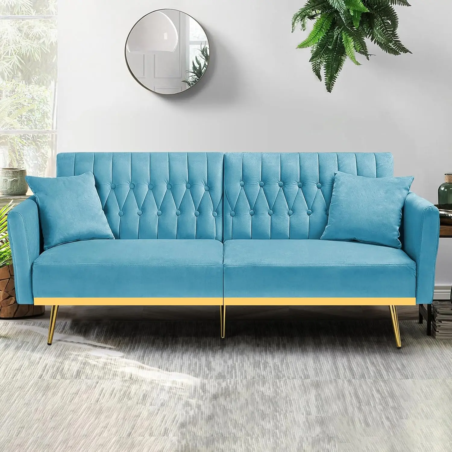 70” Velvet Futon Sofa Bed with 2 Pillows and Adjustable Armrests, Convertible Sleeper Bed, Modern Loveseat