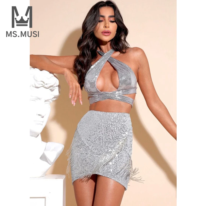 

MSMUSI 2023 New Fashion Women Sexy Sequins Tassels Two Piece Set Bodycon Party Halter Sleeveles Top Short Mini Skirt Set Suit