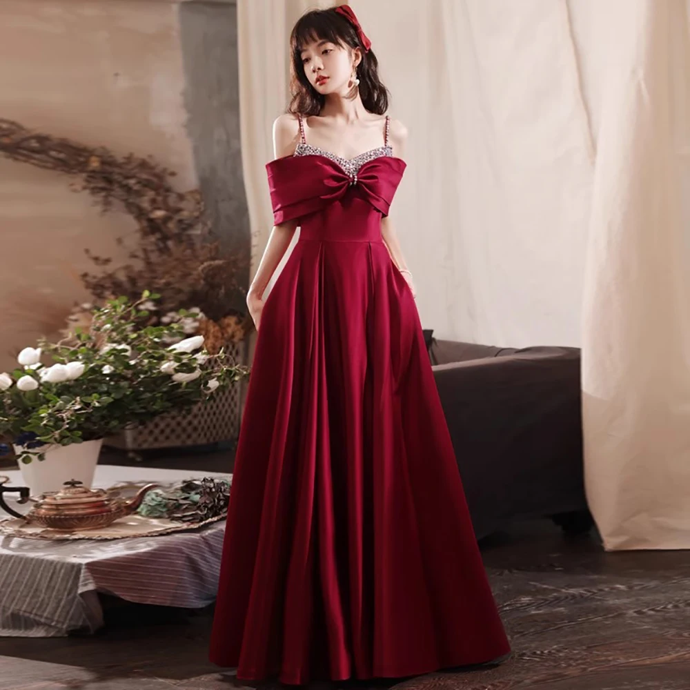 Wine Red Satin Gown Suspender Sequins Boat Neck Bow Ceremonial Dress Gorgeous Elegant Temperament Long A-Line Dresses 2024 New