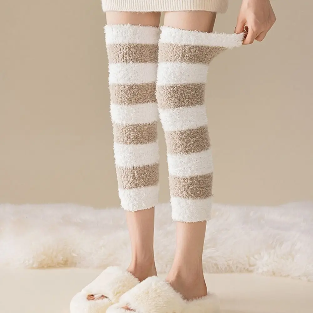 Creative Thicken Warm Long Tube Sock Cover Stripe Hosiery Coral Fleece Stockings Simple Leg Warmer Floor Plush Stockings Winter