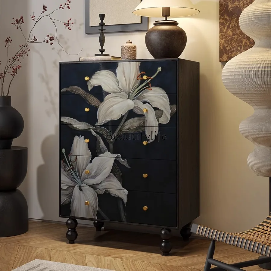 

French retro style solid wood chest cabinet living room wall storage decorative cabinet