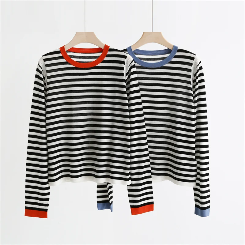 

Black and White Striped Sweater Knitted Silk Wool Tops Fashion Contrasting Round Neck Loose Autumn Inner Wear Outer Pullovers