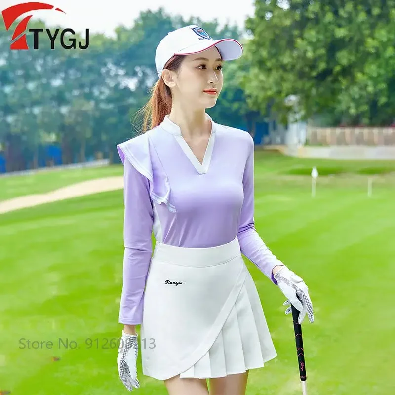 TTYGJ Summer Female V-neck T-shirts Long-sleeved Slim Golf Shirts Korean Ruffle Sleeves Tops Women Quick-dry Golf Clothes S-XL