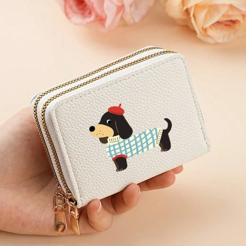 1 Pc Cartoon Dachshund Print Pattern Double Zipper Wallet Card Holder Credit Card Document Bag Coin Purse Holds Cute Wallet