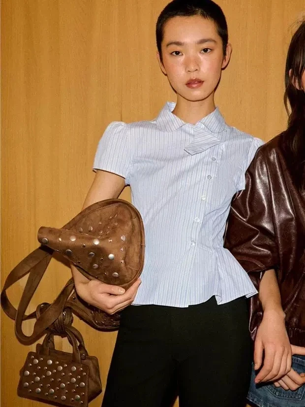 

Spring 2026 Women's Lazy Style Slimming Striped Silk Shirt Korean Commute Fashion Short Sleeve Anti-Uv Regular Fit Cotton Pol...