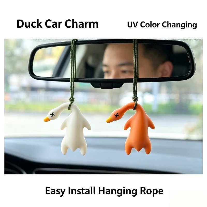 Funny UV Photochromic Roast Duck Car Pendant Sun Color Changing Duck Rearview Mirror Ornament PVC Auto Interior Novelty Gift