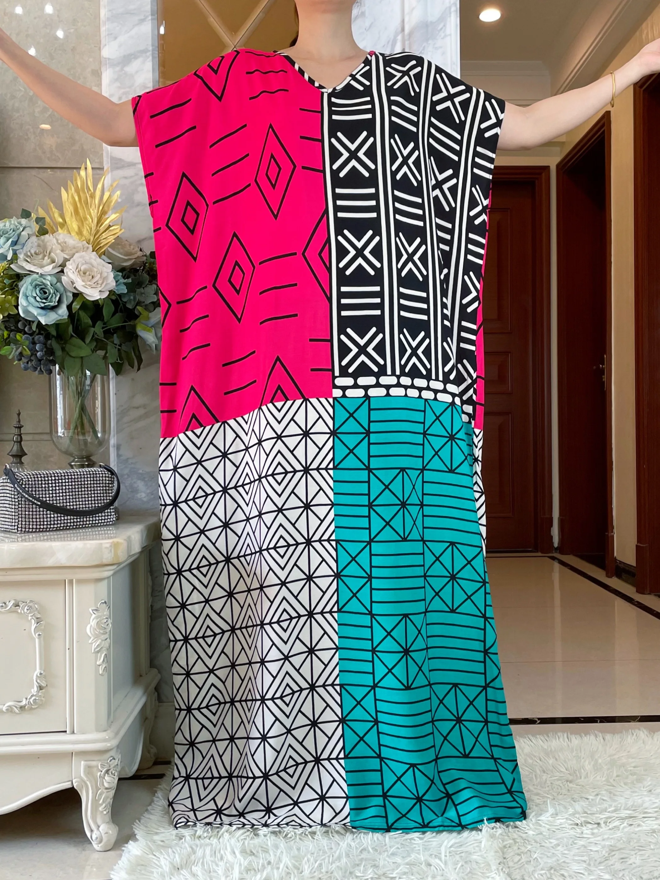 2024Spring Short Sleeve Pure Cotton Dress With Big Scarf Loose Colorful Printing Floral Boubou Maxi Islam Women Abaya Clothes