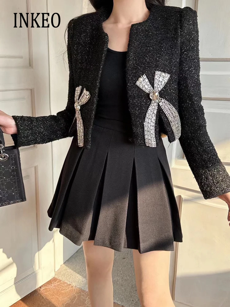 

Luxury Rhinestones Cropped jacket Bow coat Women 2024 Autumn Winter Warm Cotton Padded outwear Fashion Lady clothing INKEO 3O371