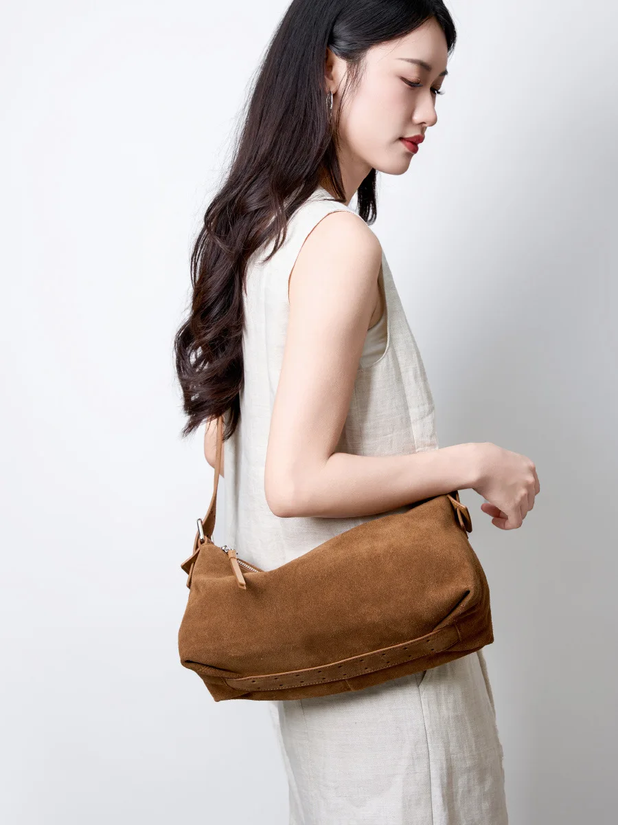 Women's Suede Leather Crossbody Bag Light Luxury Commuting Shoulder Handbag High-End Niche Armpit Bag