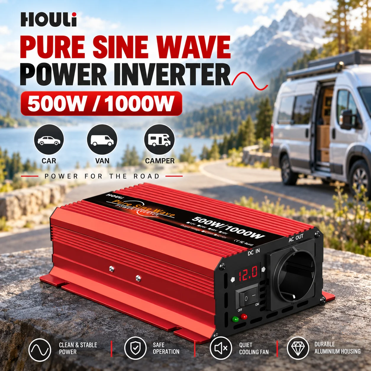 HOULI Pure Sine Wave Inverter 12V to 220V Peak 1000W 1600W 2200W 3000W Power Converter for Car