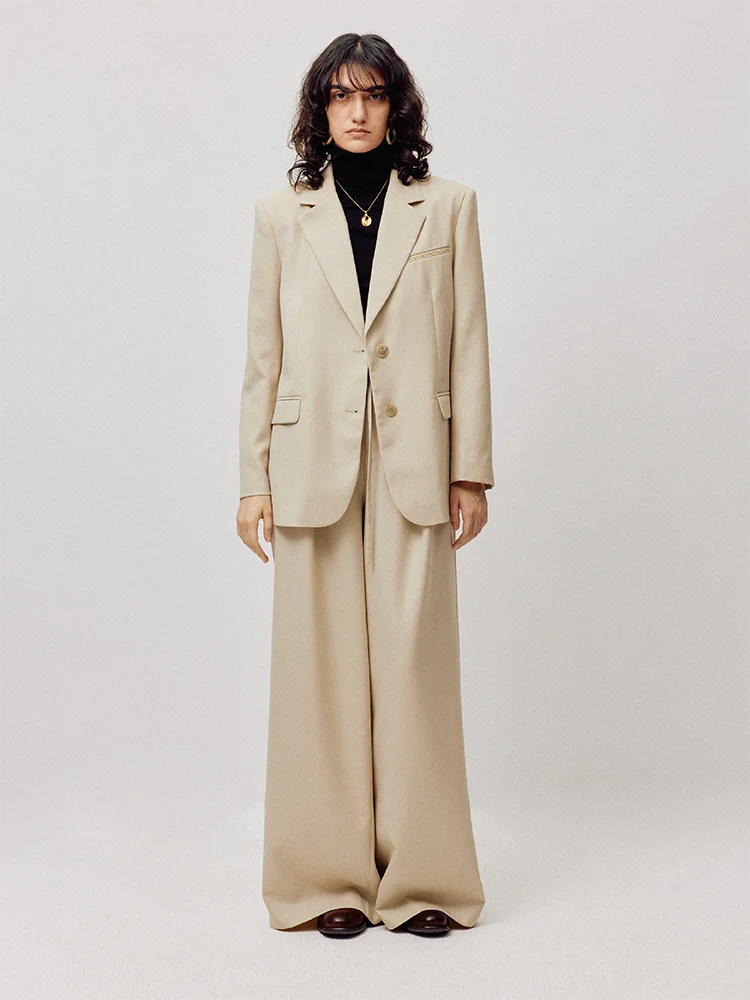 

LIHAN Winter Woolen Wide Leg Suit Pants Elastic Waist Profional Office Feel Premium Quali Fem Trousers