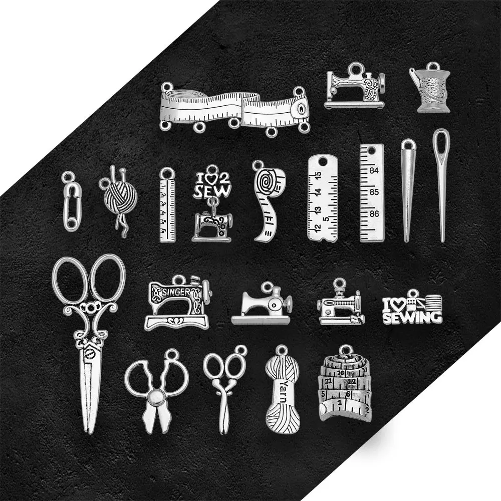 5-50pcs/lots Antique Measure Tape Love Sewing Needle Charms Scissors Yarn Pendants For Diy Needlework Jewelry Making Supplies - view 4