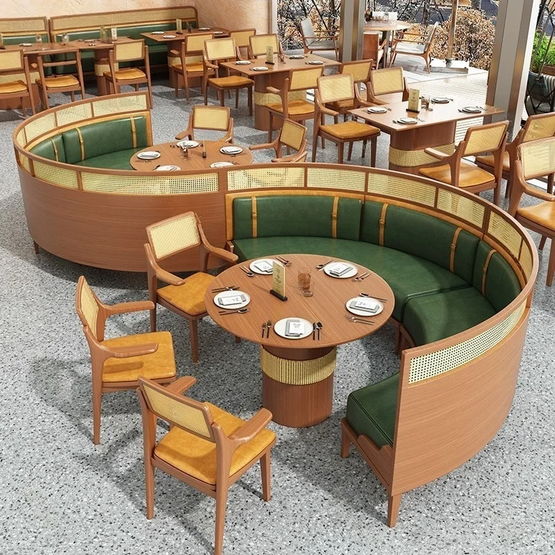 Rattan Backrest Solid Wood Semi-circular Booth Sofa Custom-made Dining Table and Chair Set for Restaurants