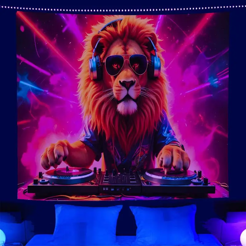 VIKAMA DJ Lion Tapestry, Bold Wall Hanging Background Cloth for Statement Living Room Aesthetic Home Room Decor
