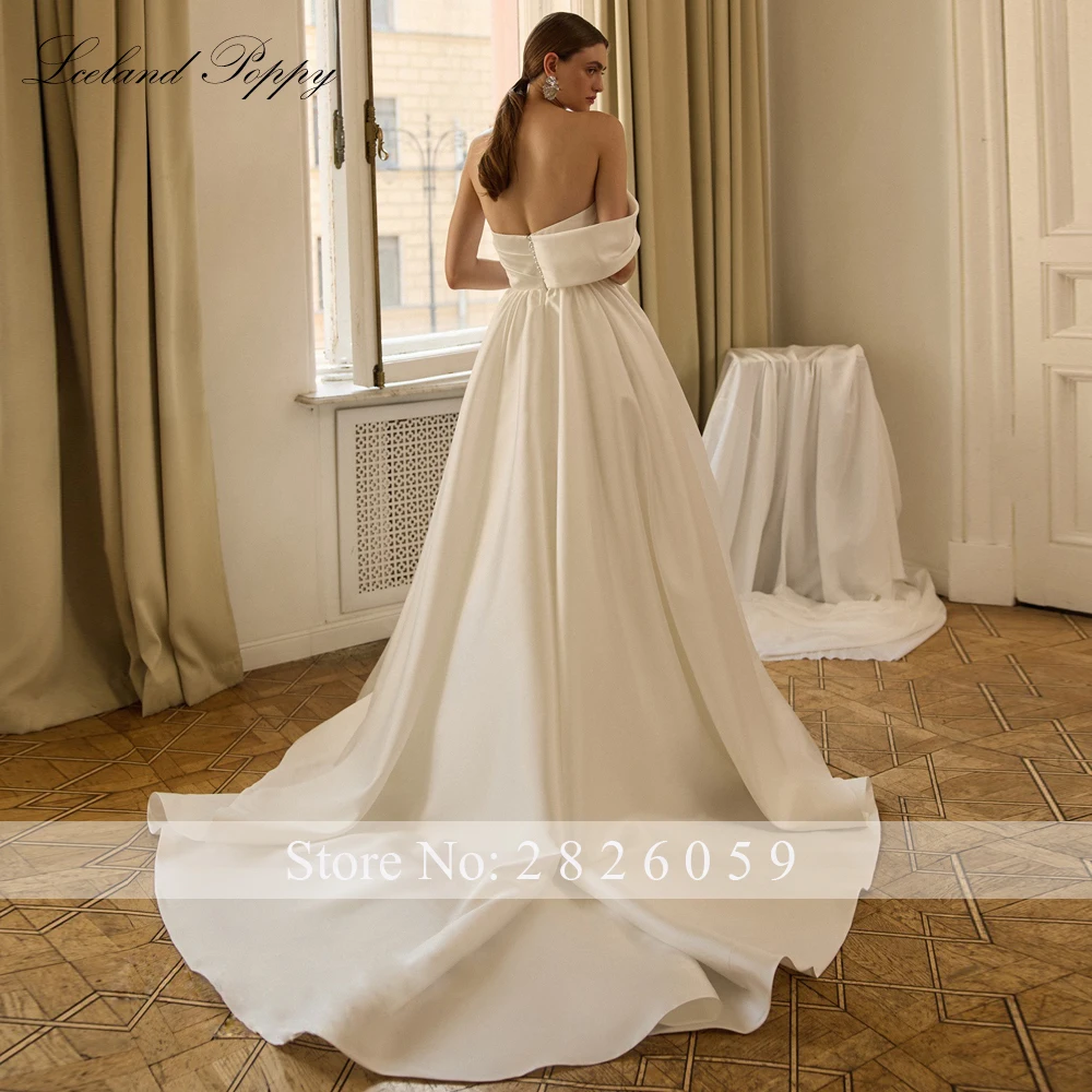 Lceland Poppy Customized A Line Strapless Satin Wedding Dresses Sleeveless Bridal Gowns with High Slit
