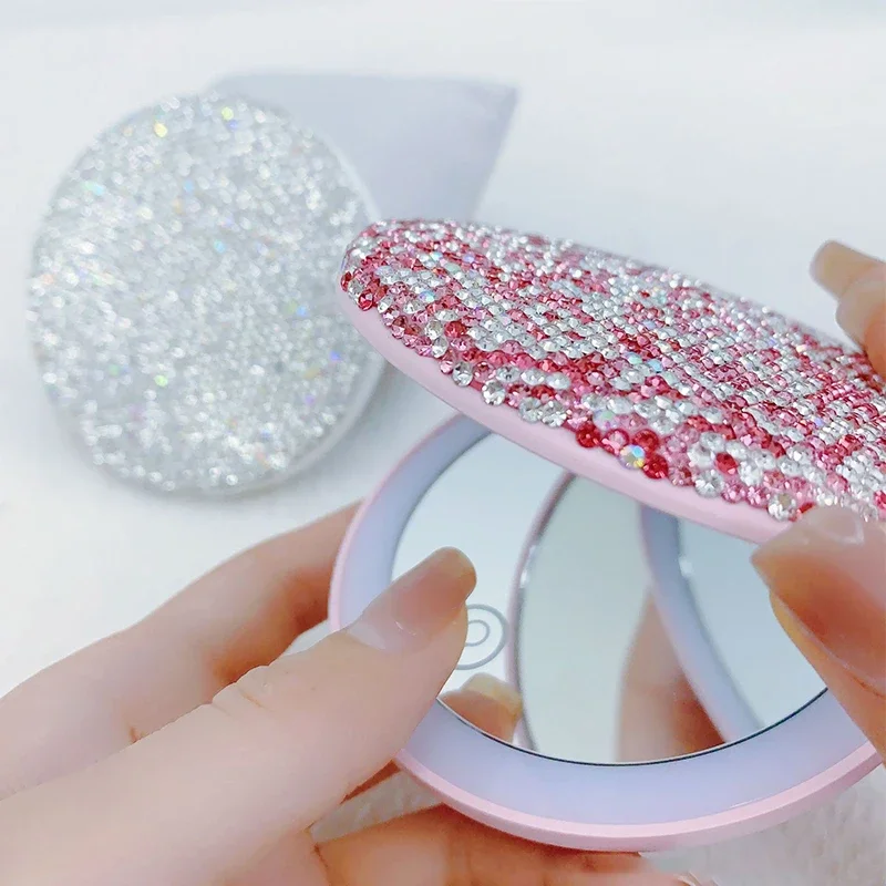 Rhinestone Makeup Mirror LED Chargeable Two-side Fold Round Portable Travel Pocket Mirror Handheld Vanity Glass Touch Screen