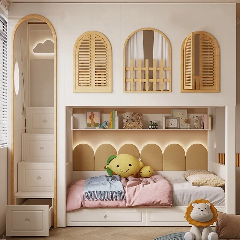 All Solid Wood Luxury Bunk Bed for Kids Double-Layer Tree House with Lower Table for Boys Girls Modern High & Low Children's Bed