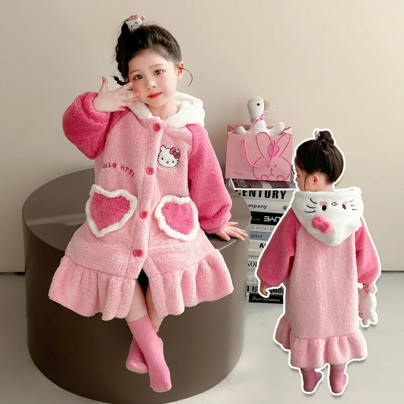 

Kawaii Hello Kitty Sanrio Children Cute Cartoon Comfortable Warm Robe Student Plush Pajamas Bathrobe Christmas Gifts for Kids