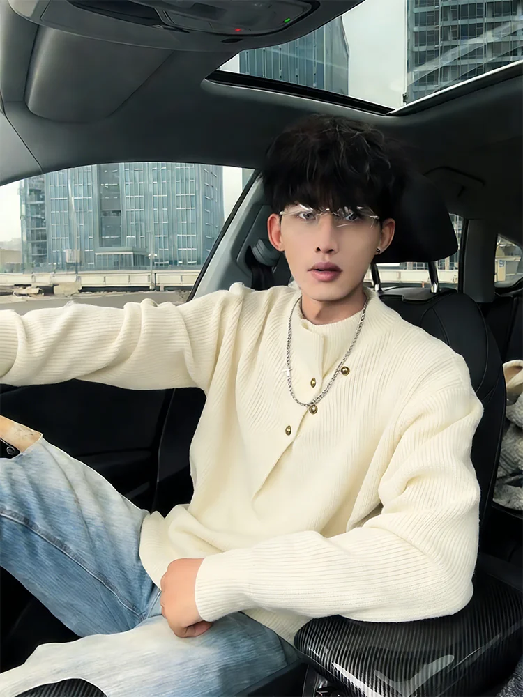 

High Collar Knitted Sweater for Men Casual Sle Polyester Fiber Winter Wear Regular Fit Long Sve Button up Youth Faion