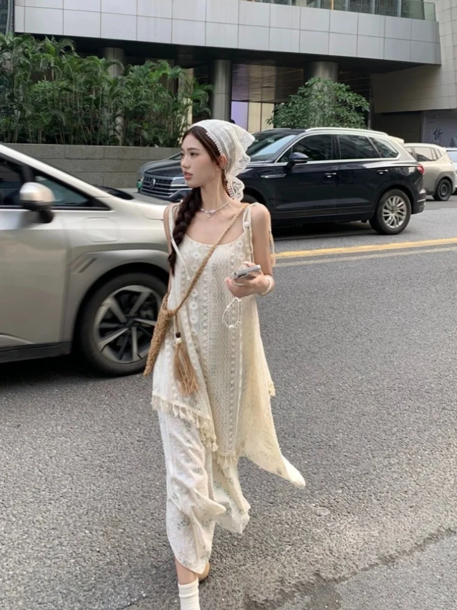 n Weißer Quastenträger Dr. Damen Sommer New Beach Vaion Asymmetrischer Strand Langer Rock Hohe Taille A-Linie Dr