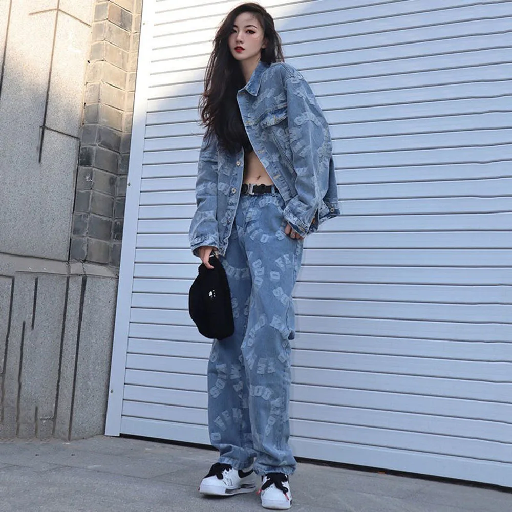 Autumn 2 Piece Sets Womens Outfits Denim Jacket Women Men Lovers High Street Hip-hop Long Sleeve Coats + High Waist Baggy Jeans