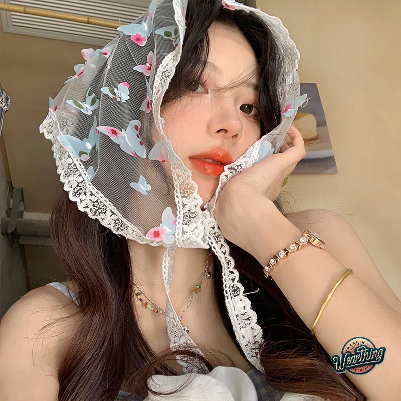 

New French Bow Headband Headscarf Butterfly Lace Triangle Scarf Sun Shade Hairband Lady Girls Wrist Silk Scarf Hair Accessories