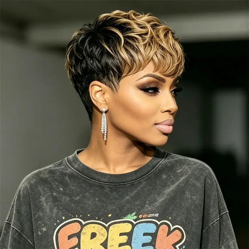 Pixie Cut Human Hair Wig Full Machine Made Black Blonde Ombre Fluffy Curly Short Wig For African American Women Casual Outfits