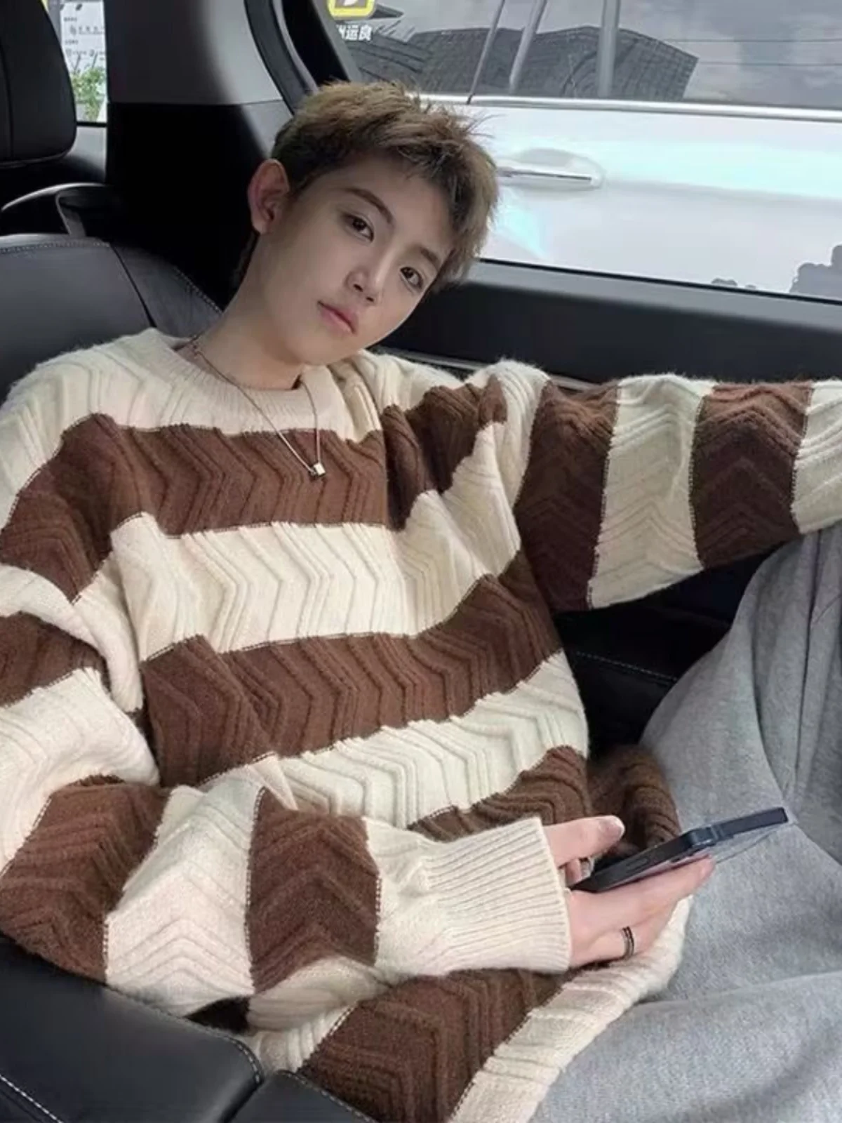 

Winter Thiened round Ne Striped Men's Sweater Loose Knitted Casual Versatile Street Sle Hong Kong Flavor Japanese Sle