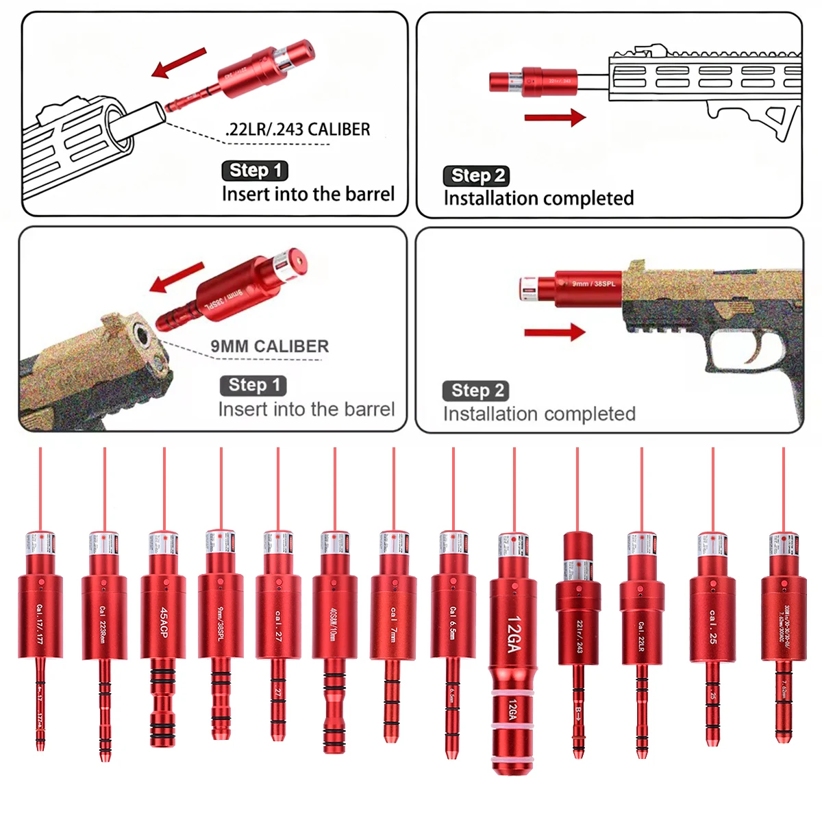 Tactical Laser Bore Sight 9mm Laser Training Bullet Boresighter .177 22LR 12GA 20GA .223Rem Dual-purpose Magnetic Laser Trainer
