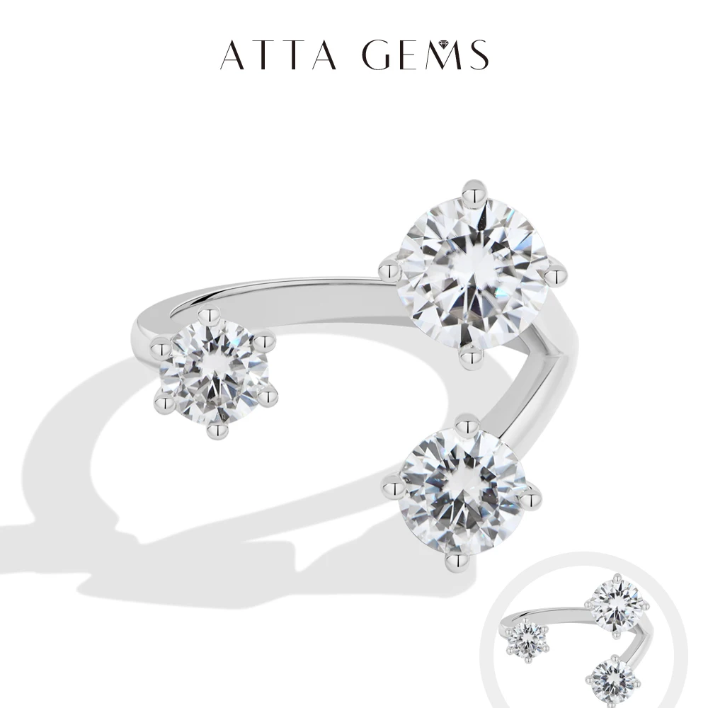 

ATTAGEMS Three Stone Open Bypass Rings 925 Sterling Silver Round Cut Moissanite Women Ring Dainty Personalized Jewelry for Party
