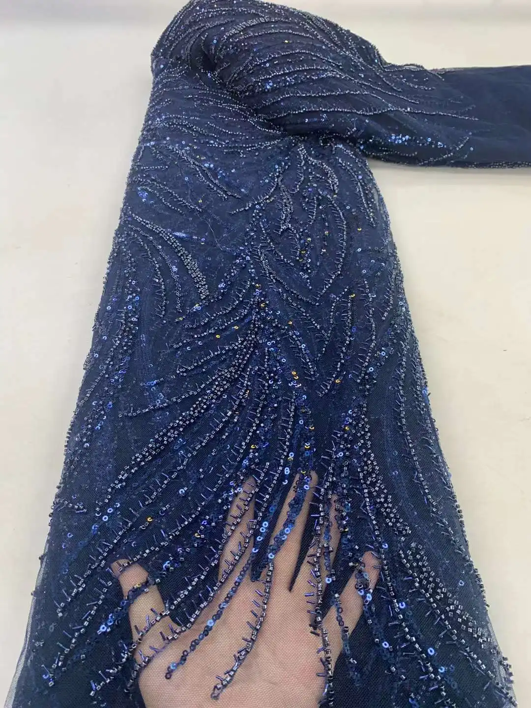 Dark Blue Color Embroidered French African Sparkly Sequins Lace Fabric 24H-101301 For Women Party or Wedding Show Dress