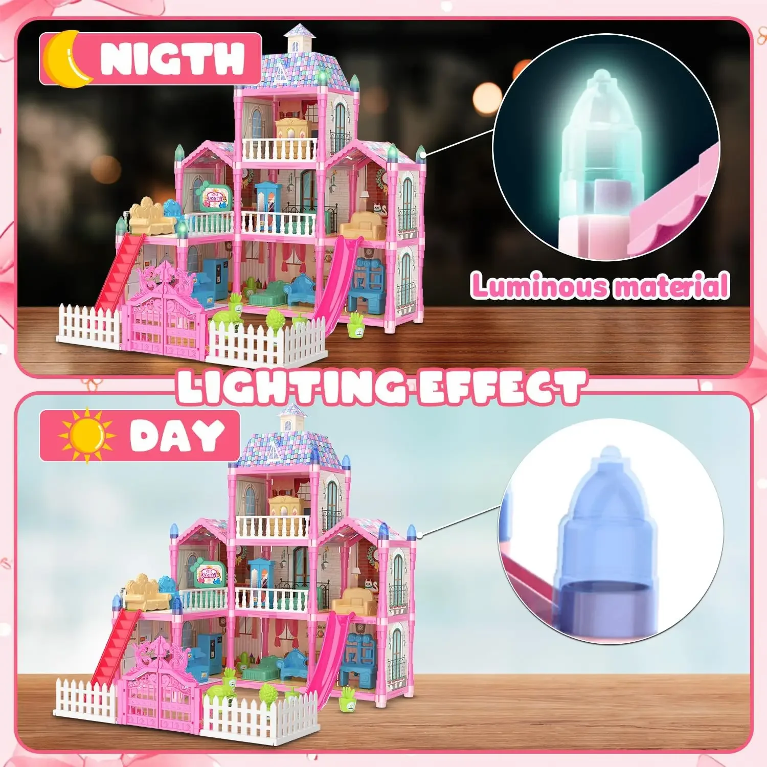 Poppenhuis voor meisjes 2/8 kamers Poppenhuis met poppen Figuur Meubels LED-licht Peuter Speelhuisje Kerstcadeau voor kinderen Kind