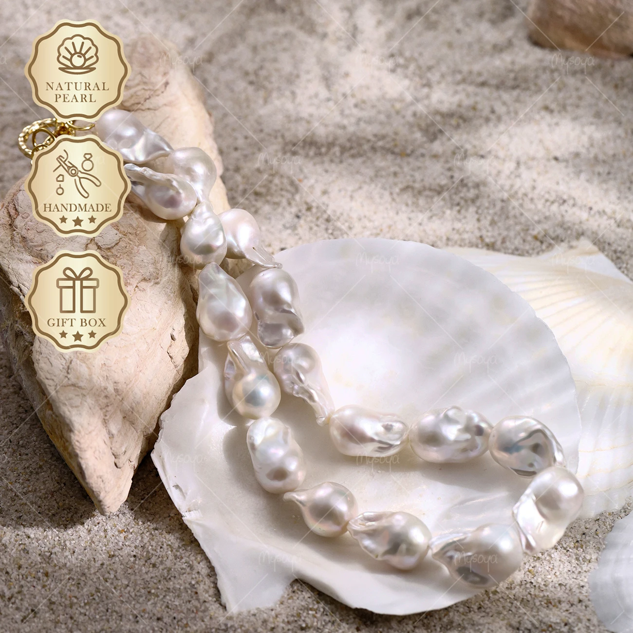 

MYSOYA Large White Baroque Freshwater Pearl Necklace 12-14mm Gold Pattern OT Clasp, Gift Box S351