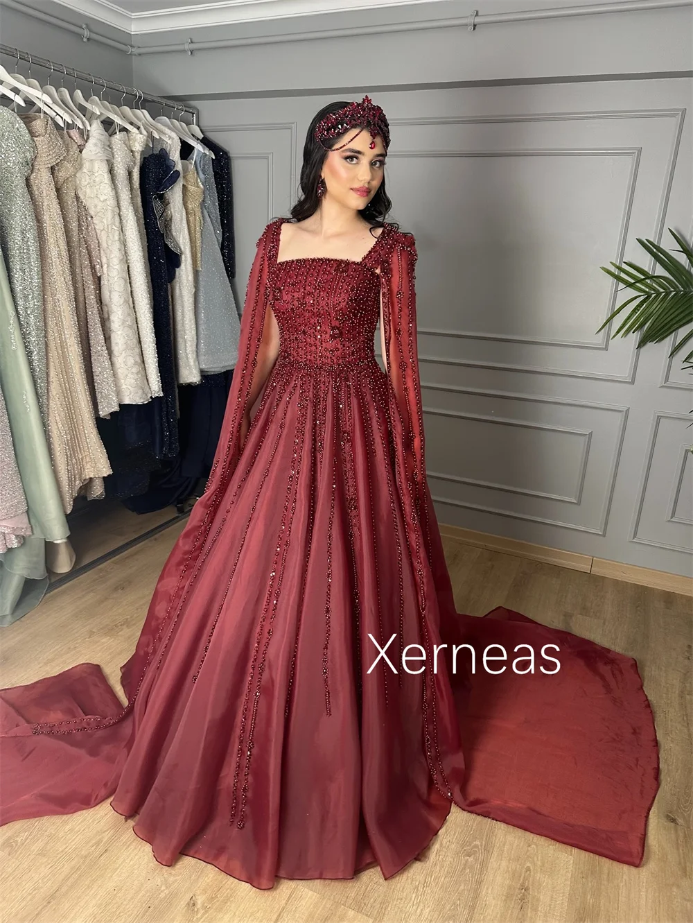 Customized High Quality Organza Pearl Pattern A-line Square Neck Long Dresses Bespoke Occasion Elegant Simple