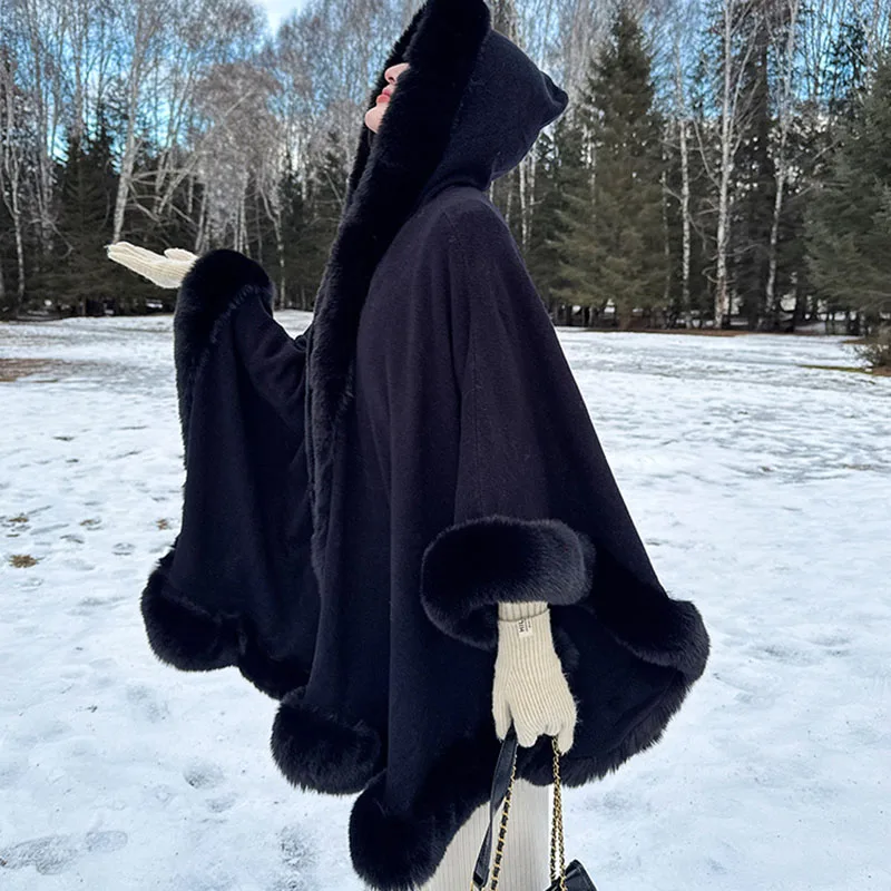 Fashion Elegant Faux Fur Trims Knit Cape Hooded Long Big Outerwear Wraps Women Autumn Winter Party Travel Cloak Poncho