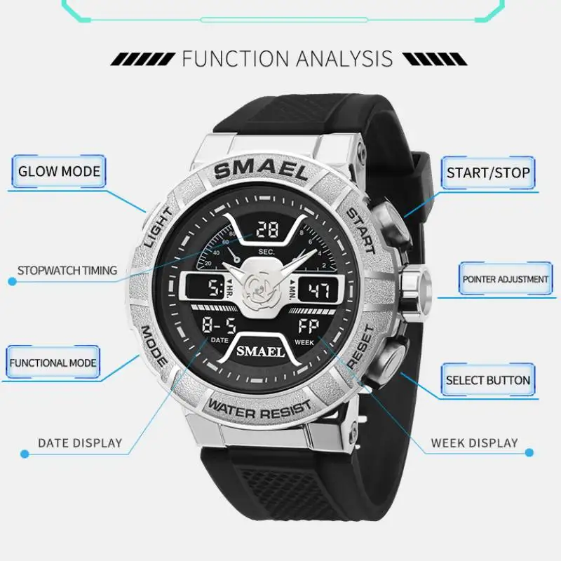 SMAEL Men Sports Quartz Watches 50m Waterproof Luxury Man Watch Brands Stopwatch LED Back Light 8067 Male Clock Wristwatches