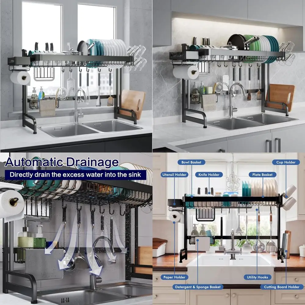 

Adjustable 2-Tier Stainless Steel Sink Dish Drying Rack, Multifunctional Kitchen Organizer, Space-Saving Counter Storage