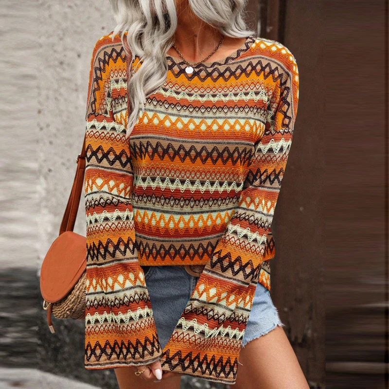 New Autumn Winter Rainbow Printed Blouse Women Long Sleeve Shirts Striped Print Knitted Sweatshirts Women Pullover Tops